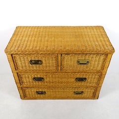 Colonial Style Rattan Low Chest of Drawers with Brass Handles