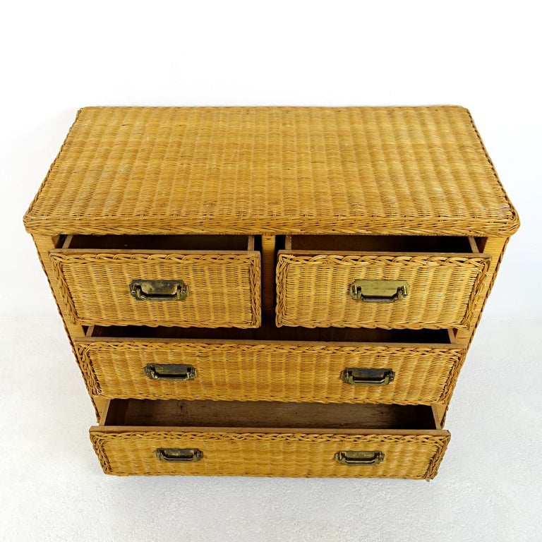 Colonial Style Rattan Low Chest of Drawers with Brass Handles For Sale
