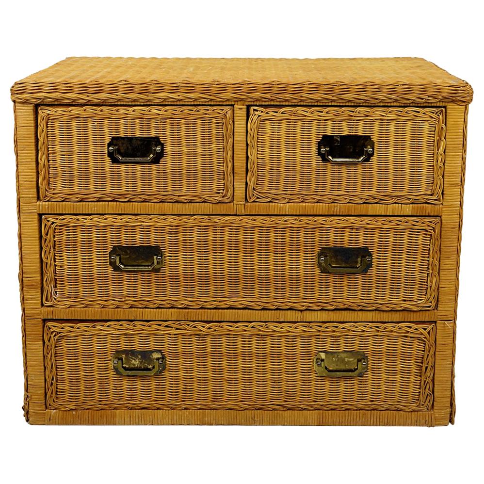 Colonial Style Rattan Low Chest of Drawers with Brass Handles