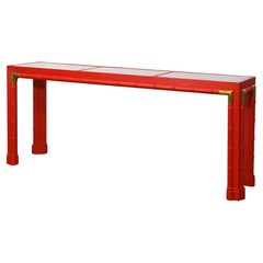 Colonial Style Red Lacquered Chippendale Inspired Faux Bamboo Console Table