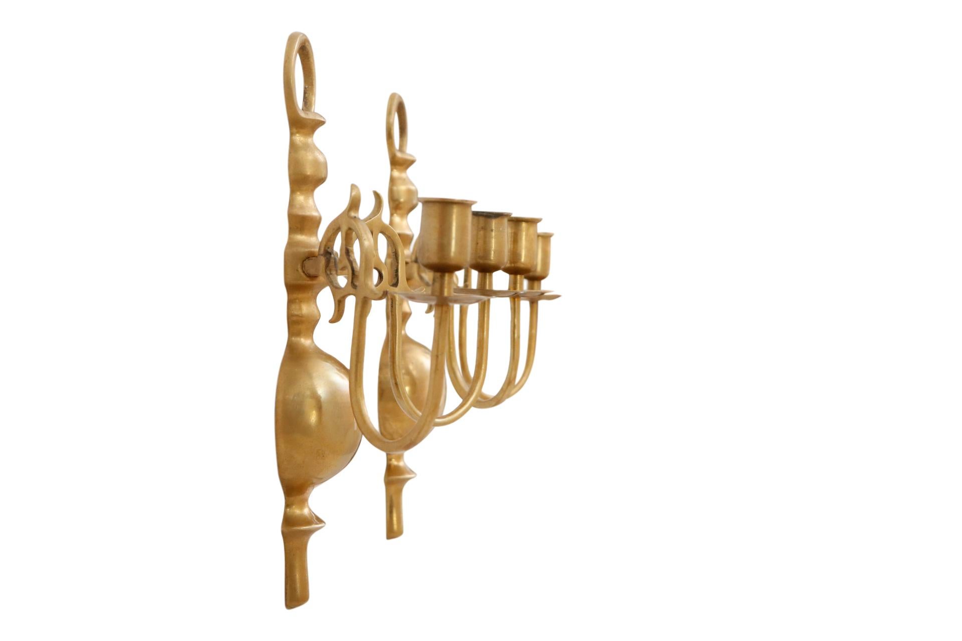 American Colonial Colonial Style Two Arm Brass Candle Sconces, a Pair