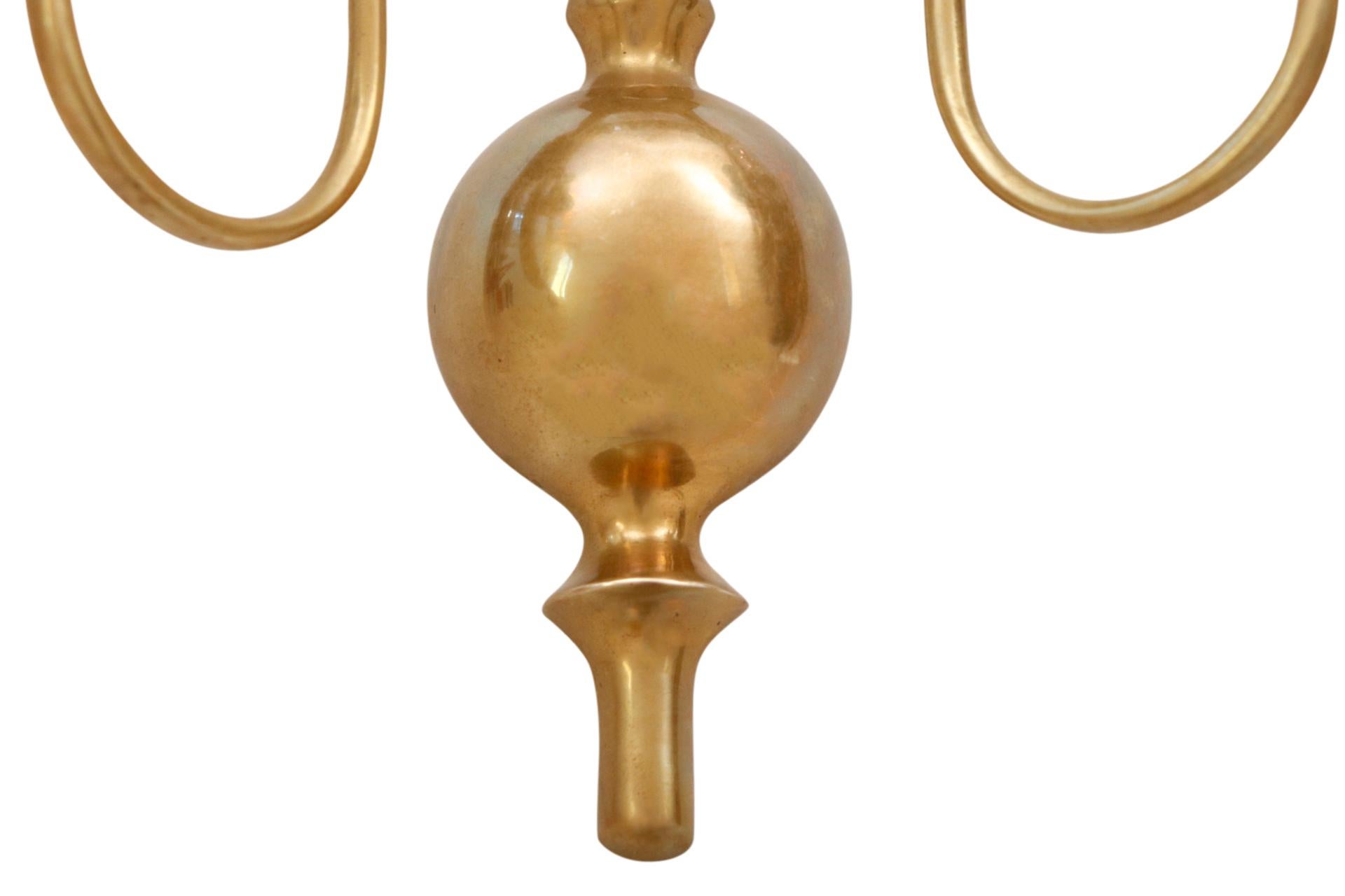 20th Century Colonial Style Two Arm Brass Candle Sconces, a Pair