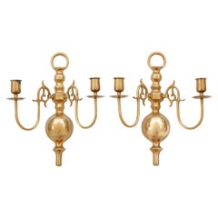Colonial Style Two Arm Brass Candle Sconces, a Pair