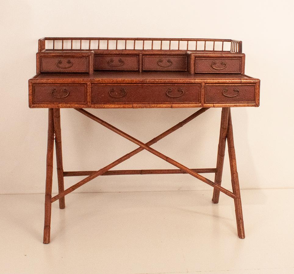 Mid-century seven drawer desk, and woven grasscloth panels on the tops, sides, back and front.