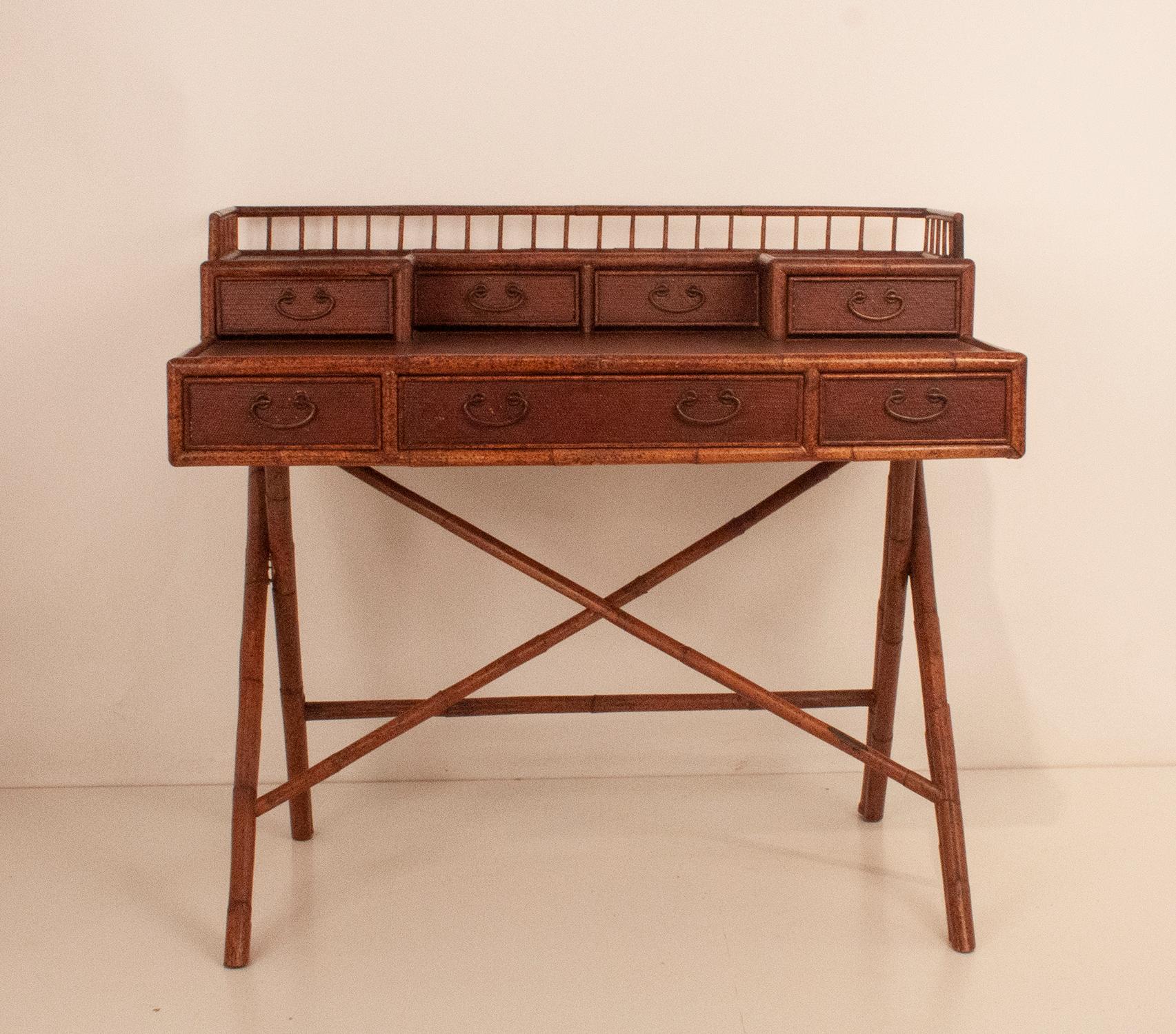 Mid-Century Modern Colonial Style Writing Desk Bamboo, 1970's