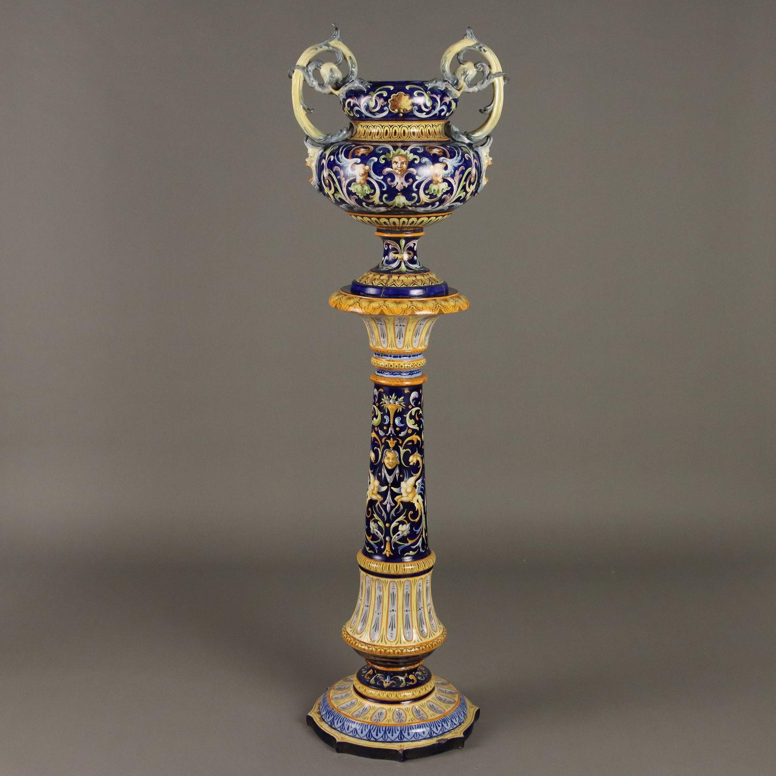 Neo-Renaissance Maiolica Column with Vase Italy Last Quarter 19th century For Sale 9