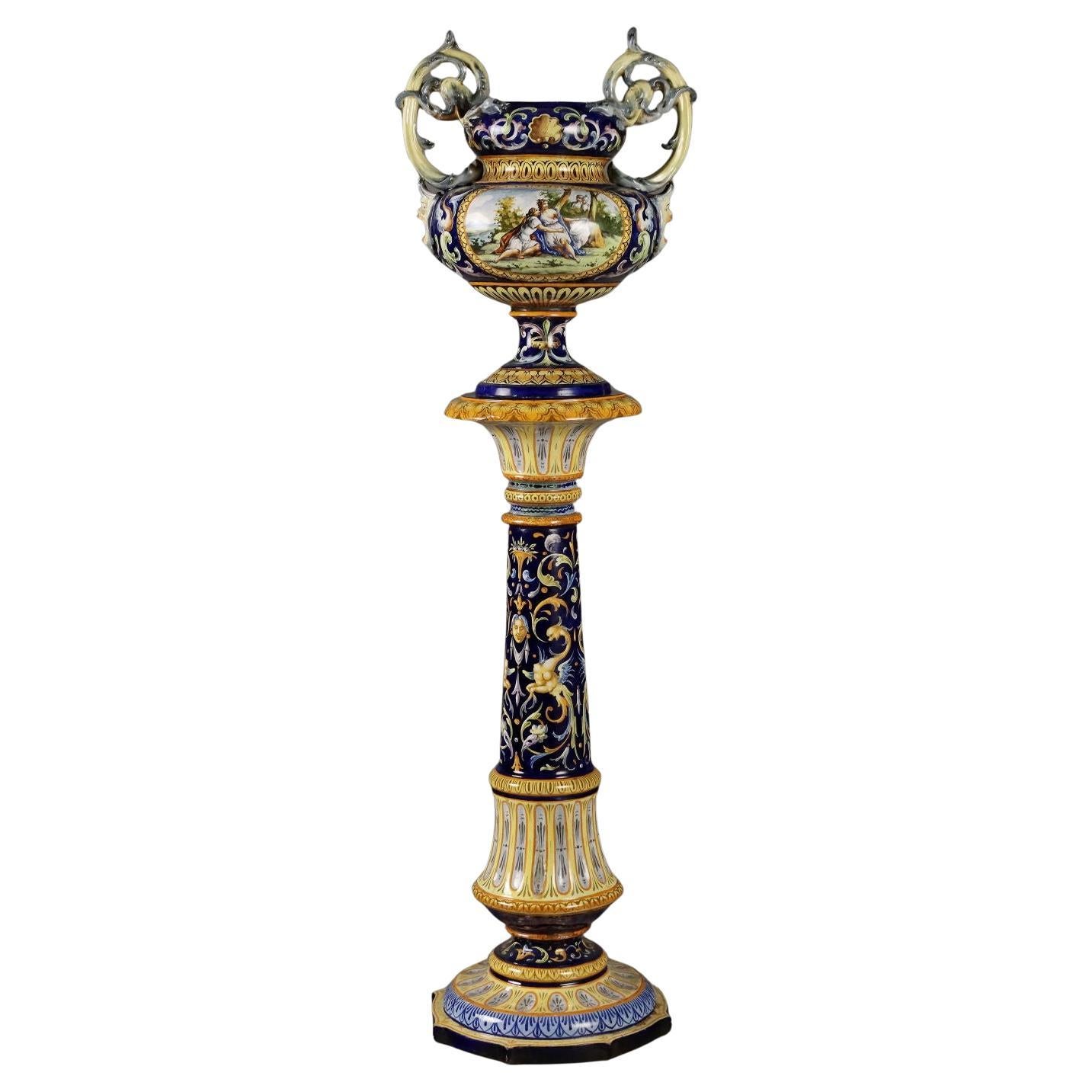 Neo-Renaissance Maiolica Column with Vase Italy Last Quarter 19th century For Sale