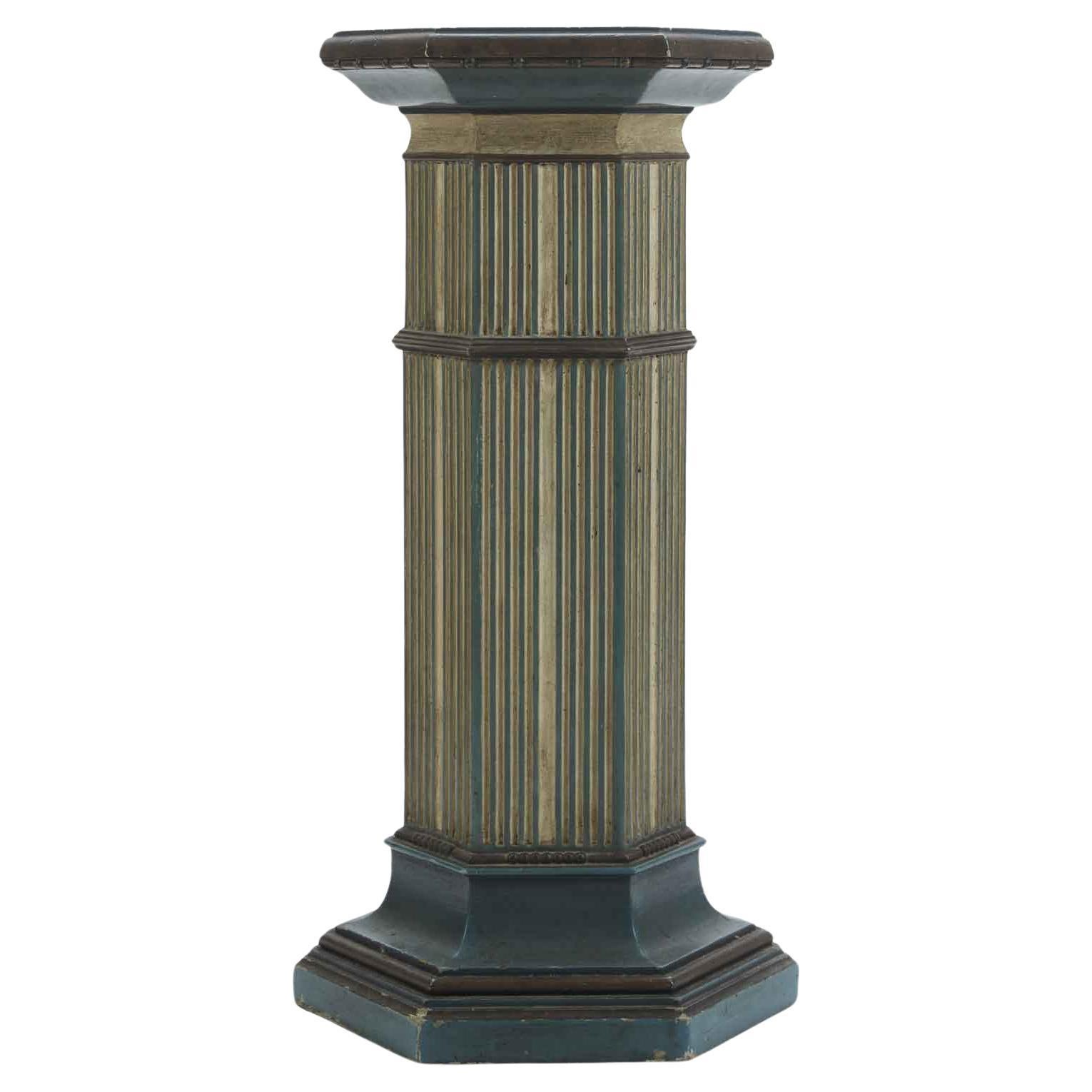 Sechseckige Säule aus türkisfarbenem Holz, geschnitzt und lackiert, Toskana, Mitte des 20