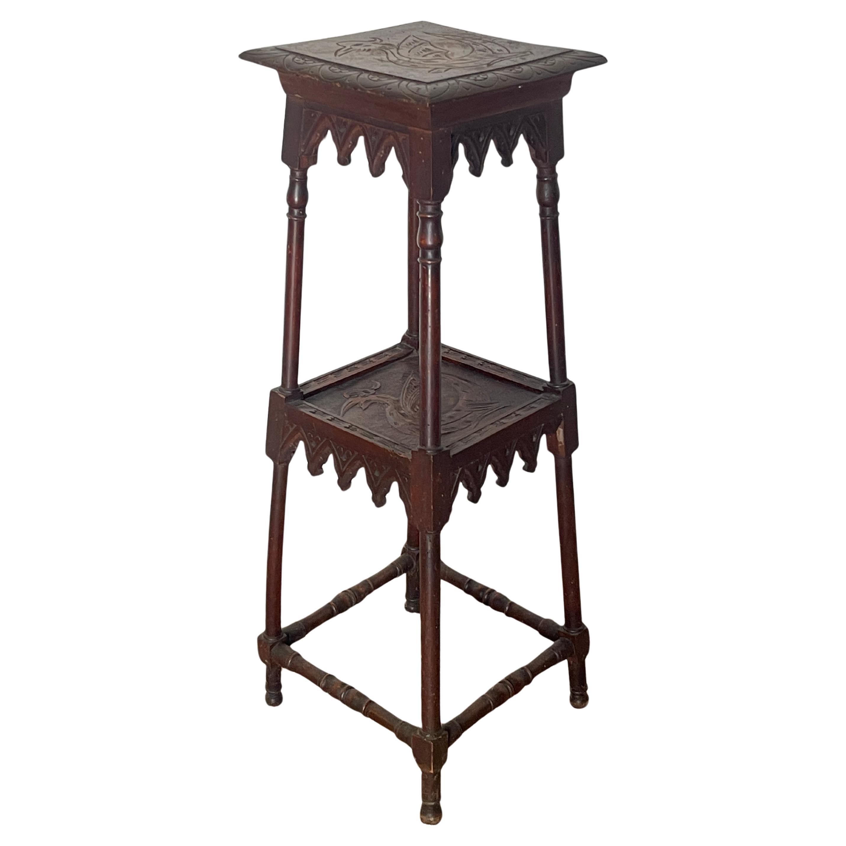 Colonna Portavasi in Legno Intagliato Stile Vittoriano