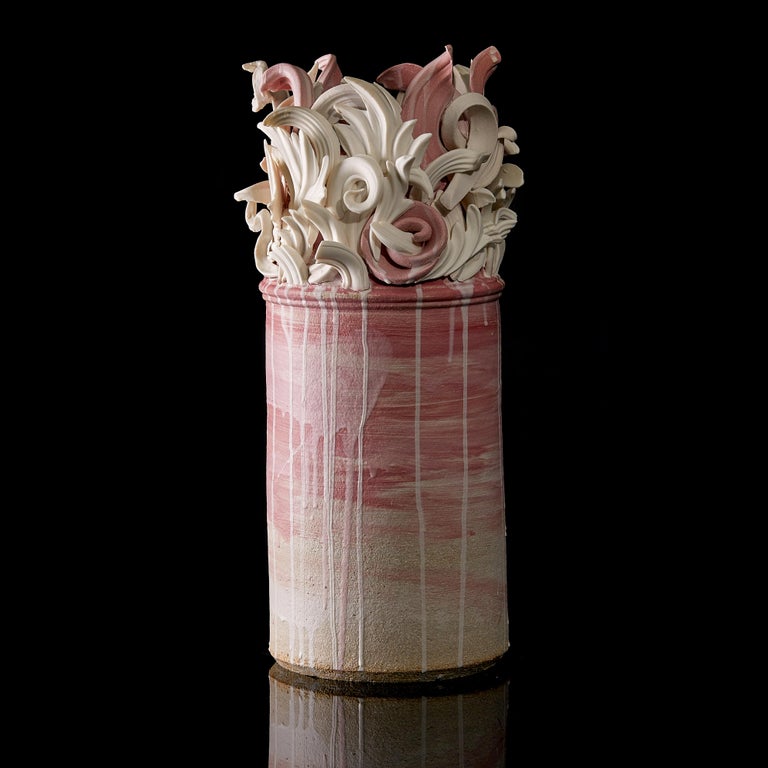 Colonnade I, a Unique Ceramic Sculptural Vase in Pink & White by Jo Taylor For Sale 4