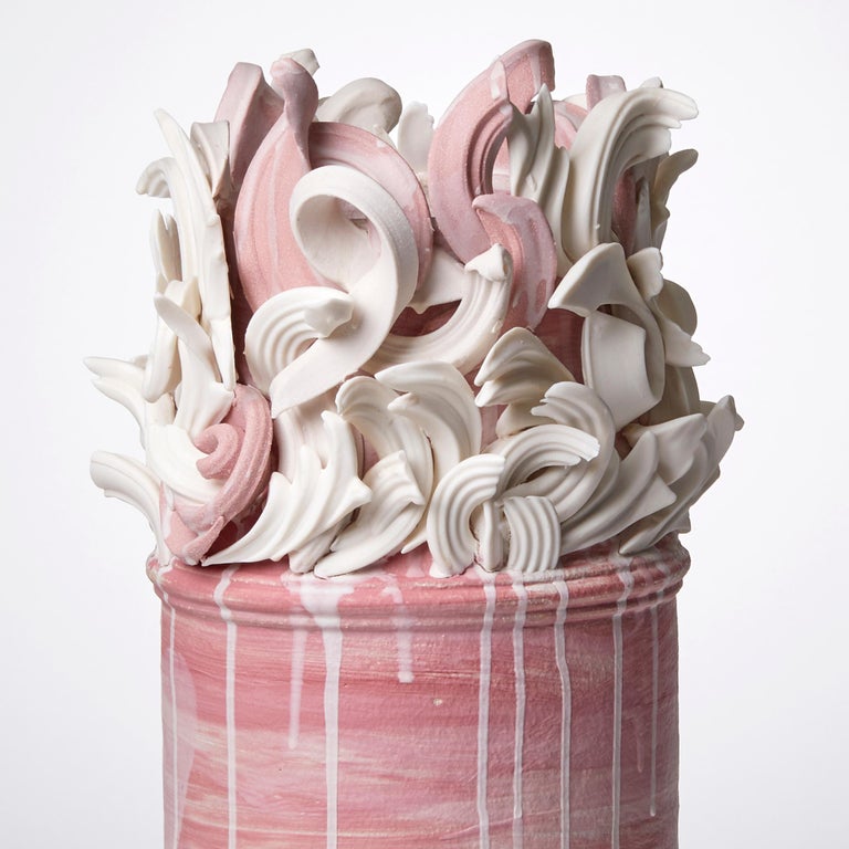 Hand-Crafted Colonnade I, a Unique Ceramic Sculptural Vase in Pink & White by Jo Taylor For Sale