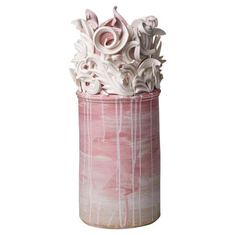 Colonnade I, a Unique Ceramic Sculptural Vase in Pink & White by Jo Taylor For Sale