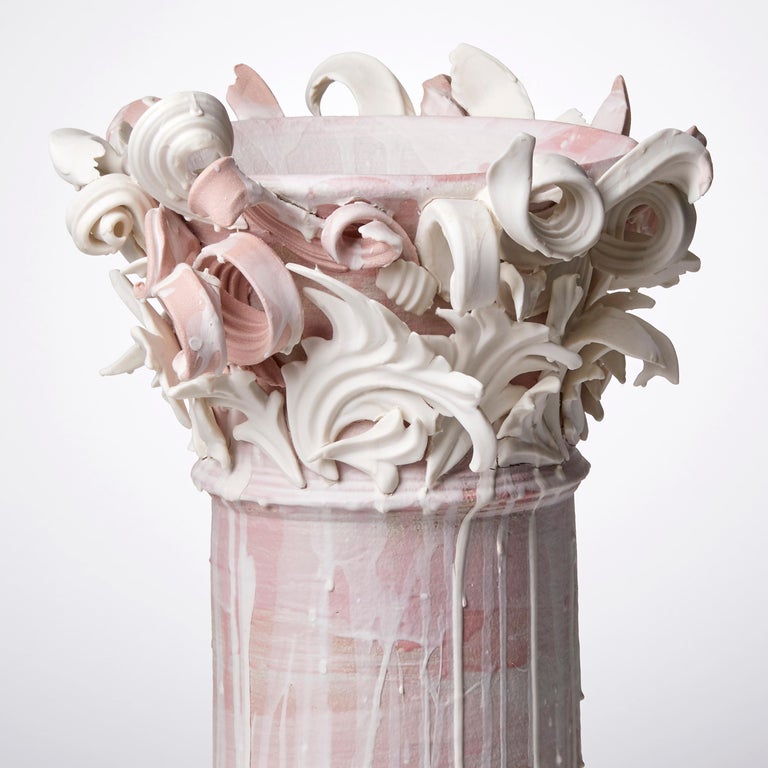 Hand-Crafted Colonnade II, a Unique Ceramic Sculptural Vase in Pink & White by Jo Taylor For Sale