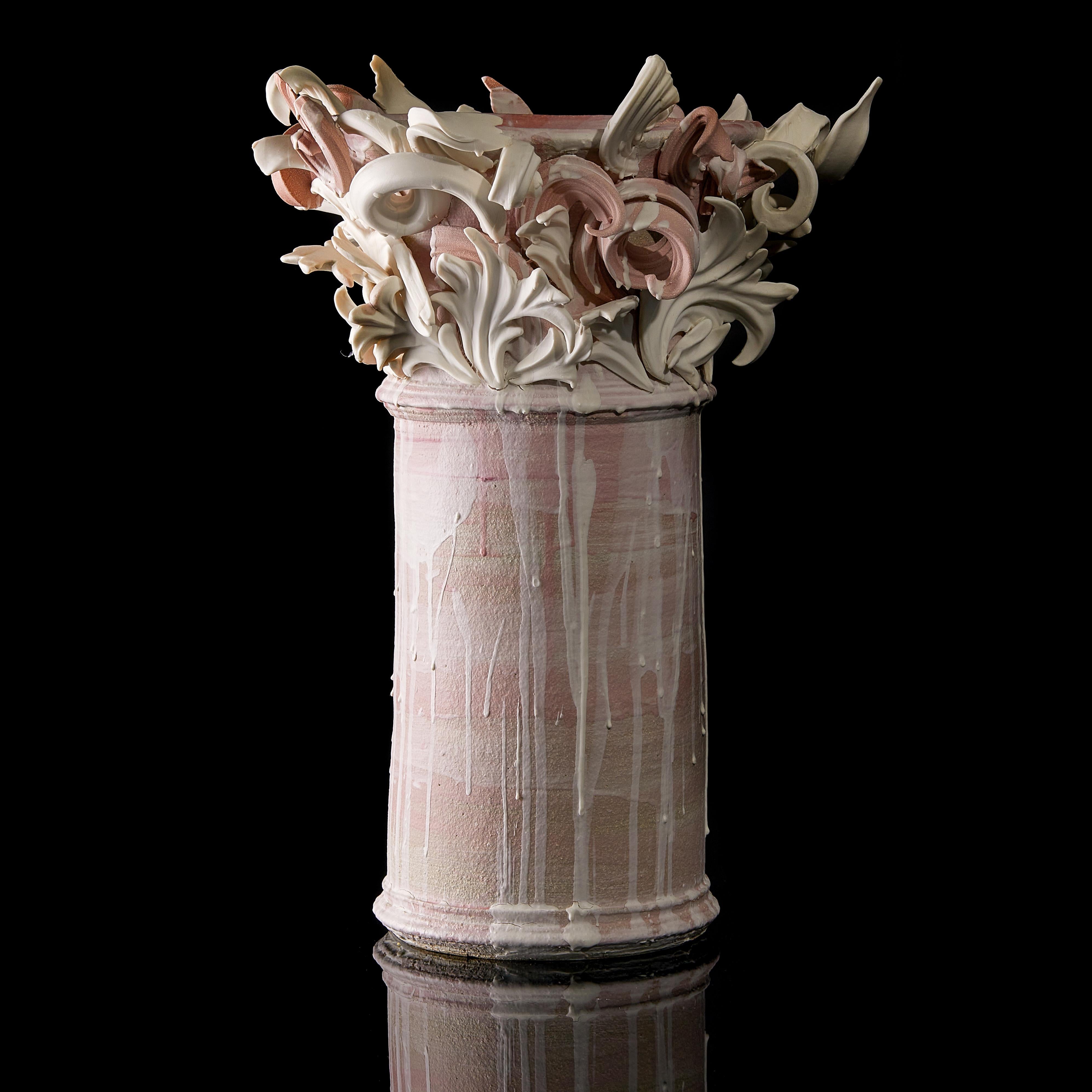 Contemporary Colonnade II, a Unique Ceramic Sculptural Vase in Pink & White by Jo Taylor