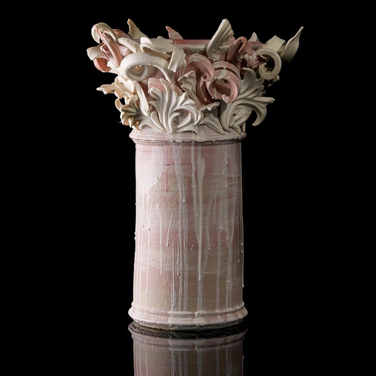 Contemporary Colonnade II, a Unique Ceramic Sculptural Vase in Pink & White by Jo Taylor For Sale