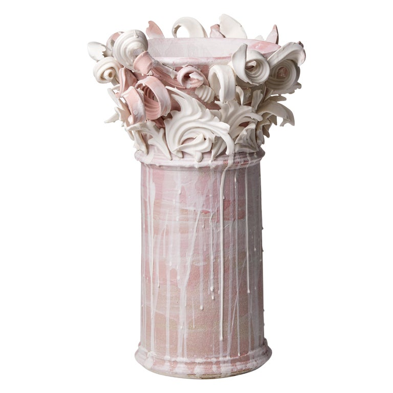 Colonnade II, a Unique Ceramic Sculptural Vase in Pink & White by Jo Taylor For Sale