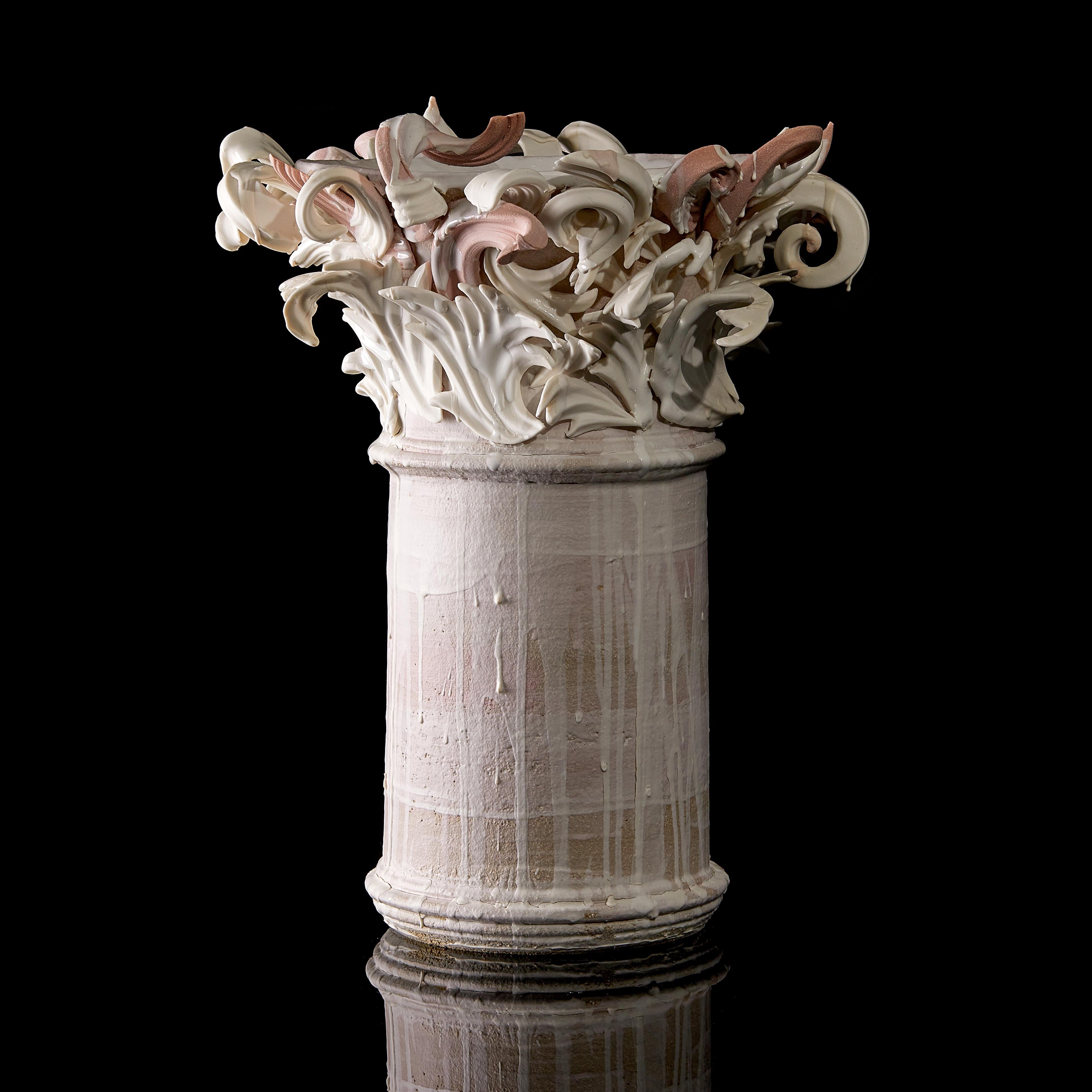 Contemporary Colonnade III, a Unique Ceramic Sculptural Vase in Pink & White by Jo Taylor