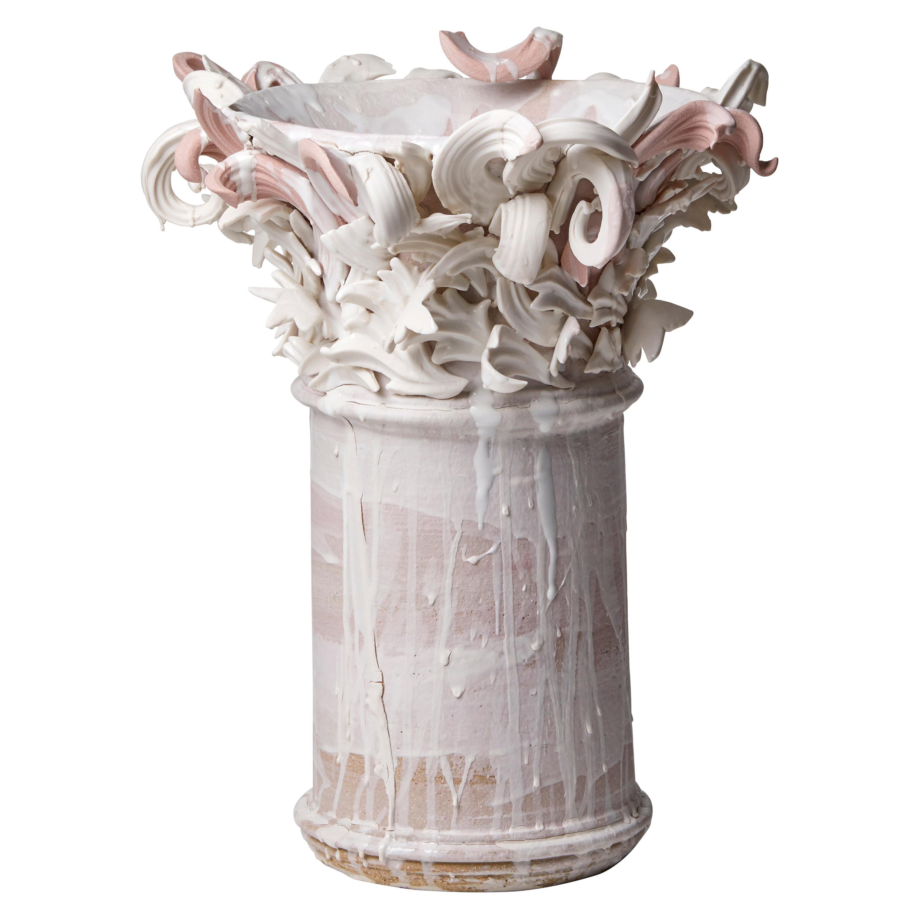 Colonnade III, a Unique Ceramic Sculptural Vase in Pink & White by Jo Taylor
