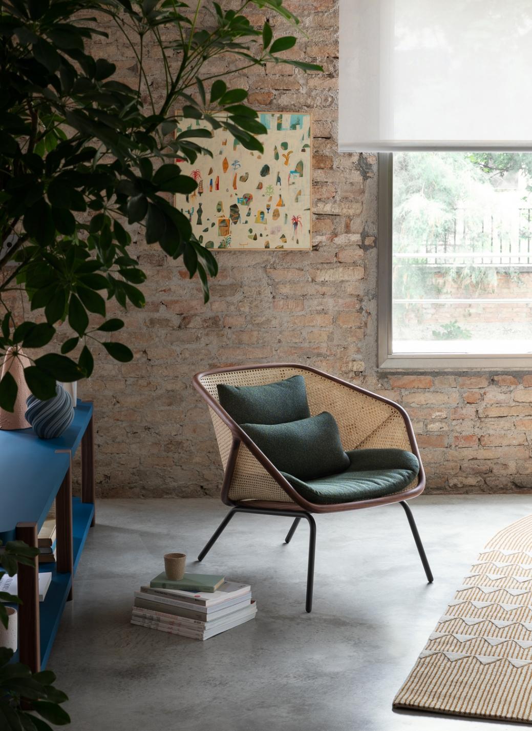 Wood Colony Armchair in Black Legs, Walnut Structure, Upholstered Cushions, by Skrivo For Sale