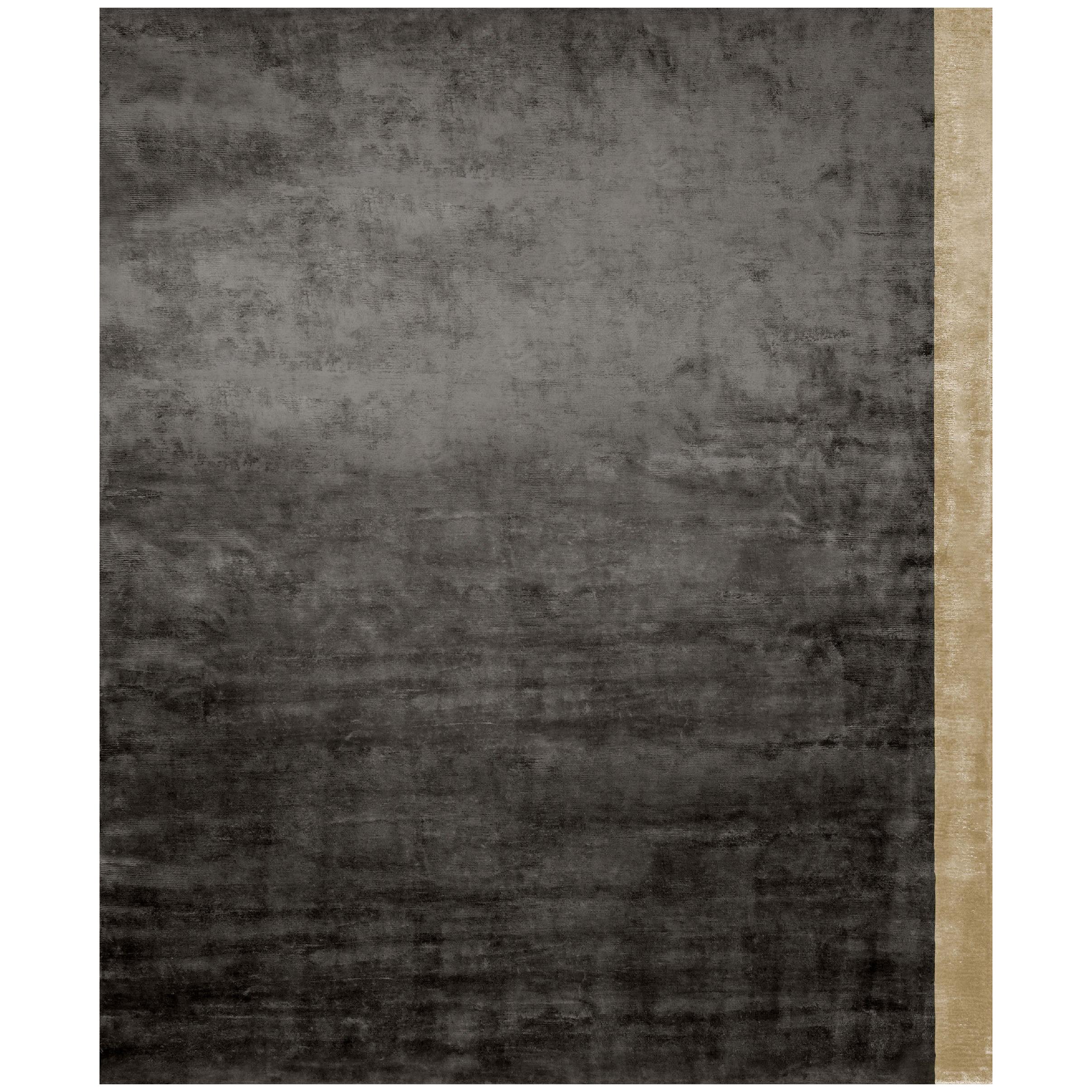 Color Block Black - Plain Contemporary Hand Knotted Bamboo Silk Rug For Sale