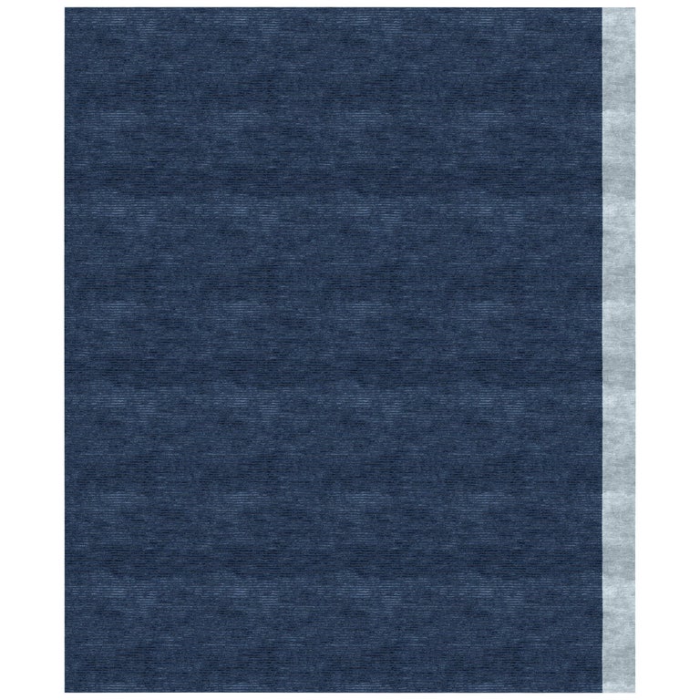 Color Block Navy Hand Knotted 100% Bamboo Silk Rug For Sale