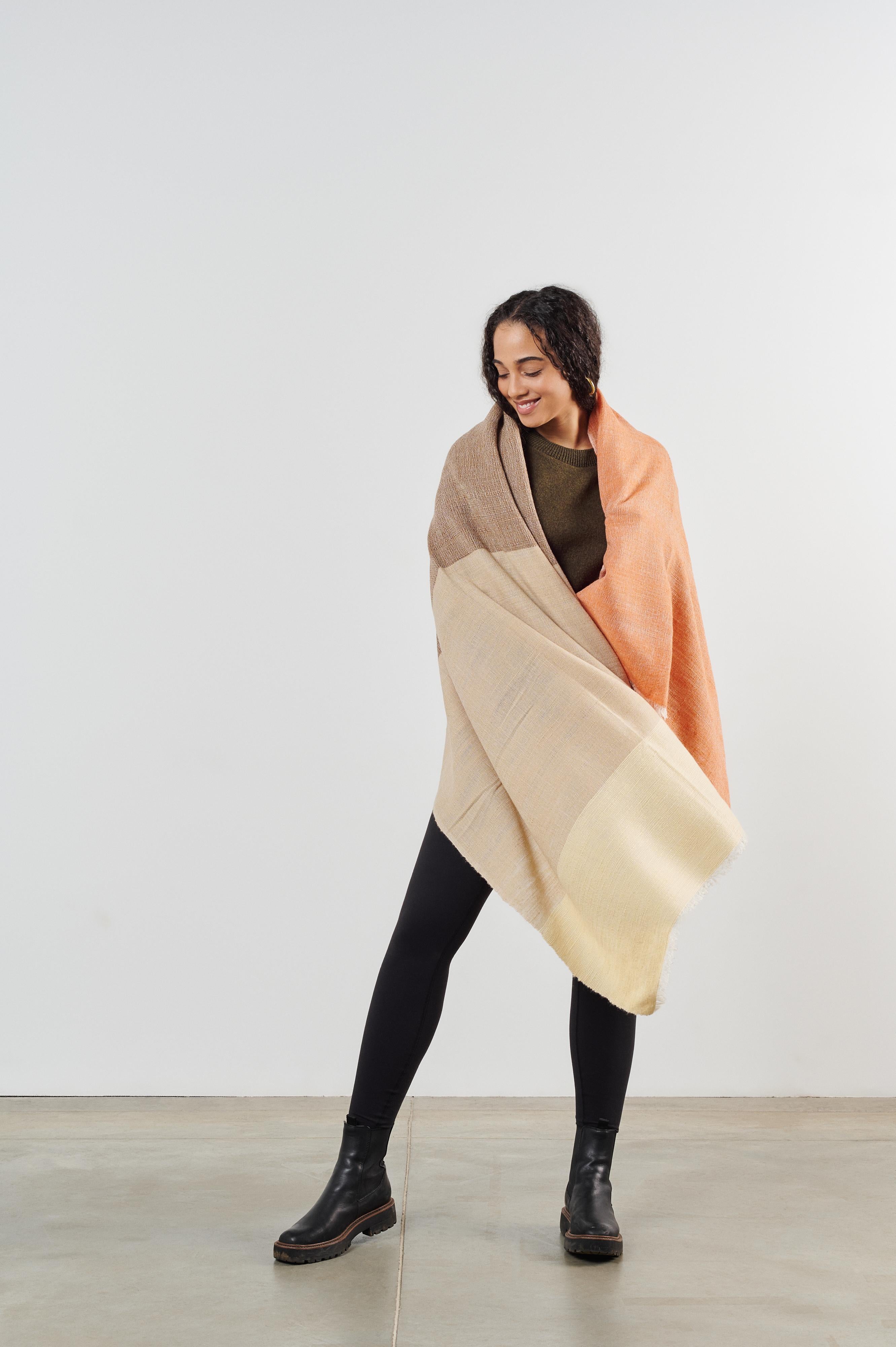 Chestnut Brown Beige Orange Merino Modern Artisanal Handloom Throw For Sale 8