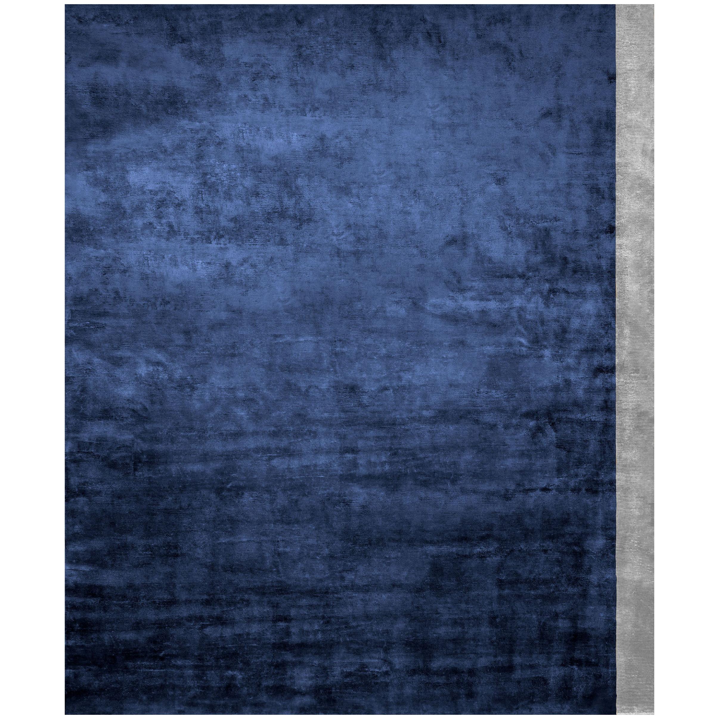 Color Block Deep Blue - Plain Traditional Hand Knotted Bamboo Silk Rug For Sale