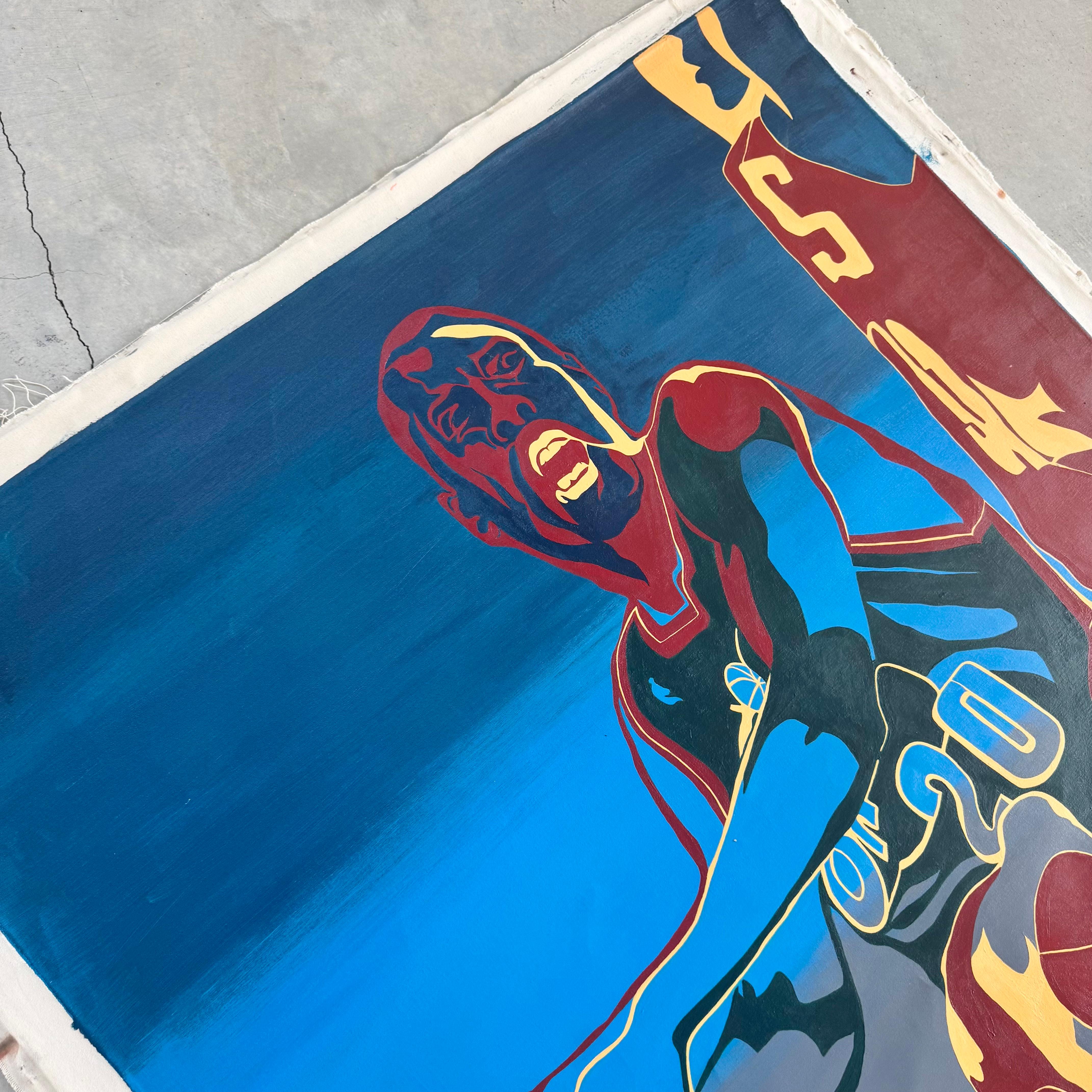 Hand-Painted Color Block Oil Painting of Gary Payton, 1990s USA For Sale