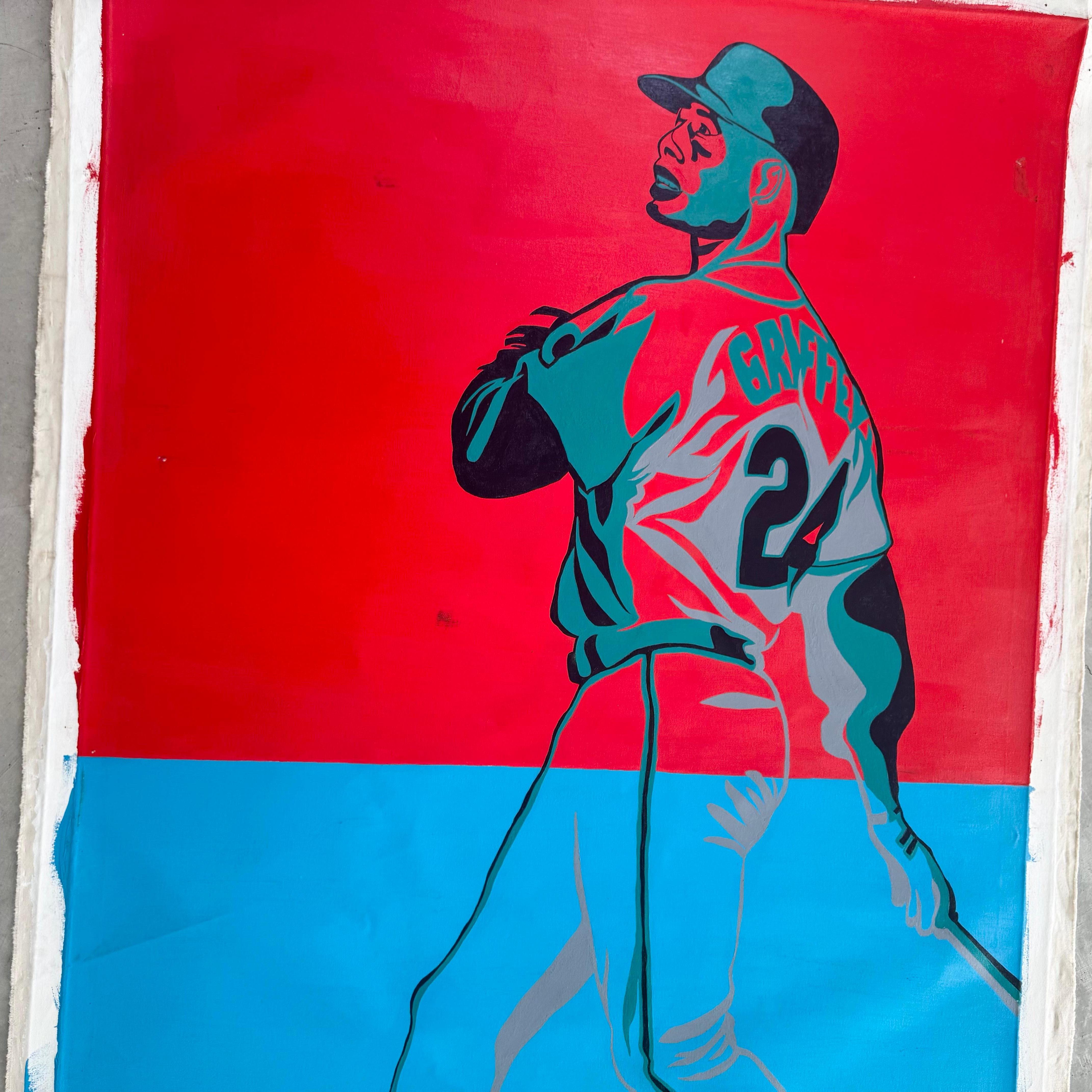 Hand-Painted Color Block Oil Painting of Ken Griffey Jr., 1990s USA For Sale