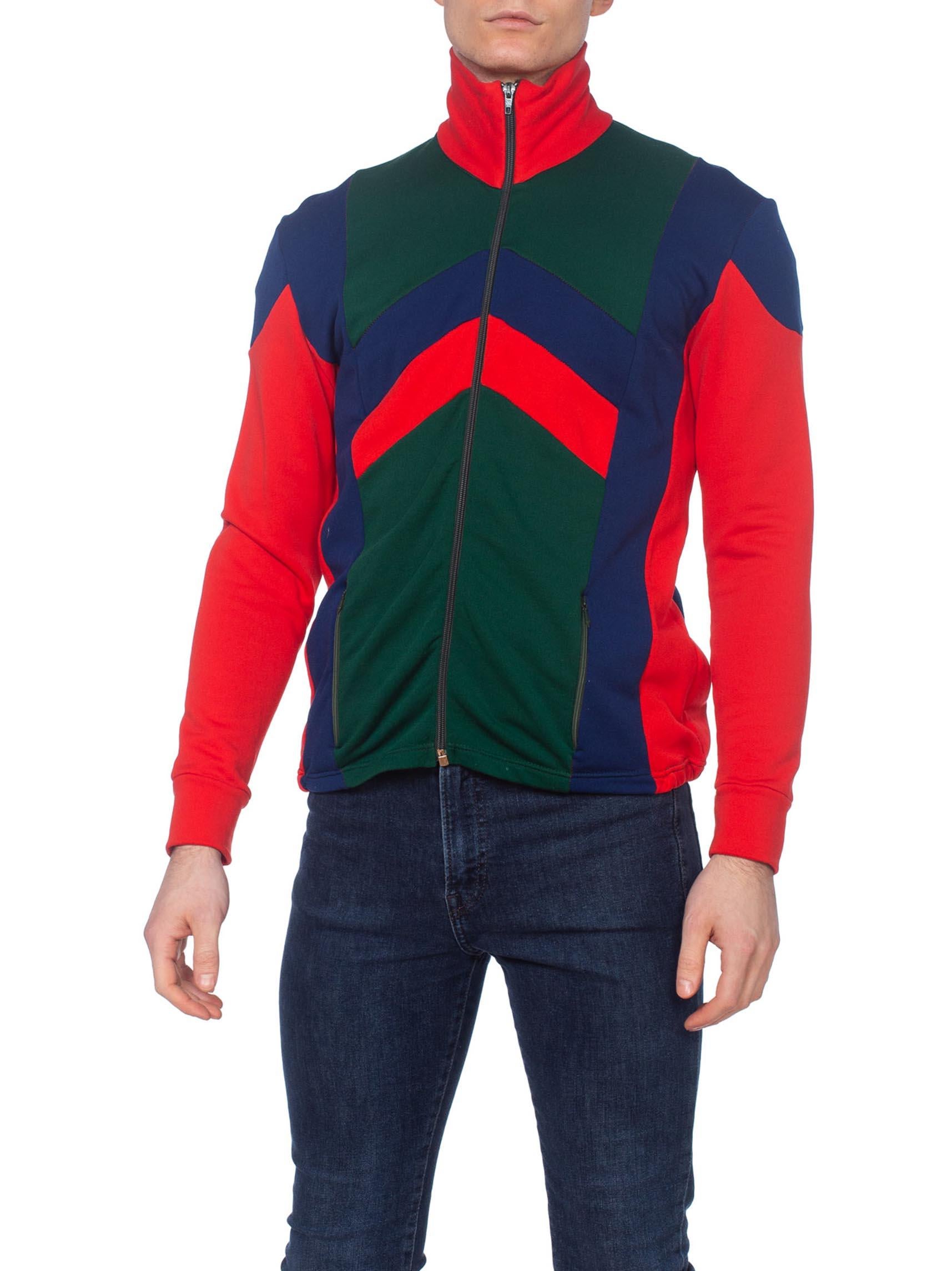 Black 1980'S Red & Blue Polyester Men's Colorblocked Track Suit Jacket