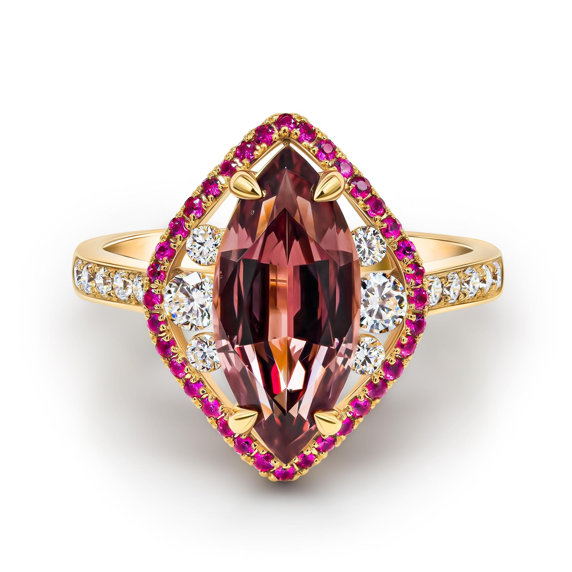 
•	18K Rose gold.  
•	Color Change Garnet in marquise cut – total carat weight 3.32.
•	Unheated Rubies in round cut – total carat weight 0.20.
•	Diamonds – 16 pc in round cut – total carat weight 0.40.
•	Product weight – 3.82 grams.
•	Ring size –