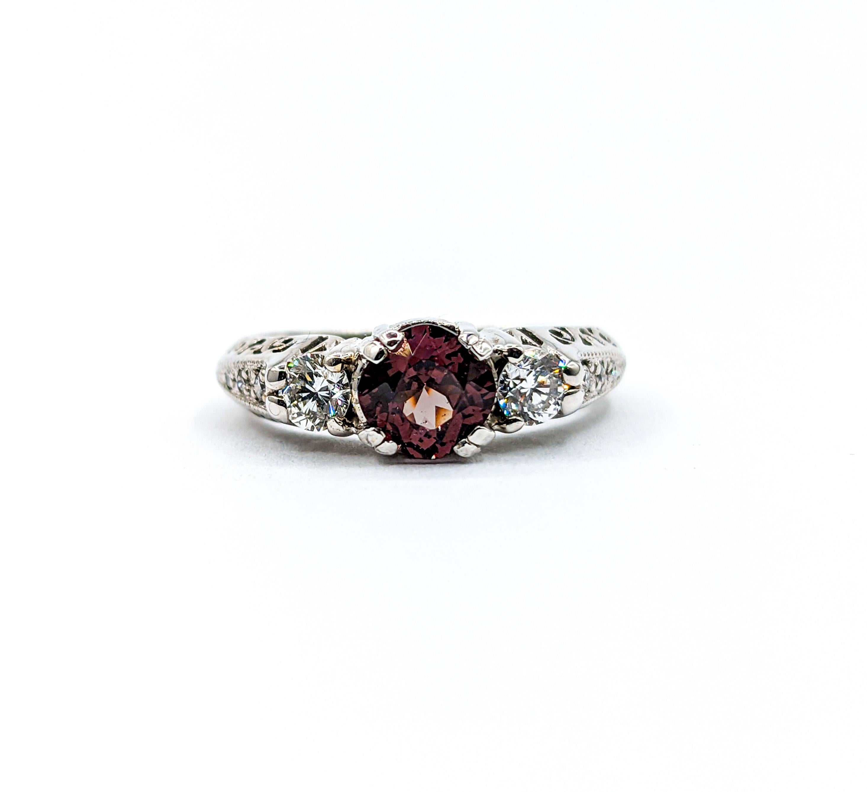 Contemporary Color Change Garnet & Diamond Filigree Ring For Sale