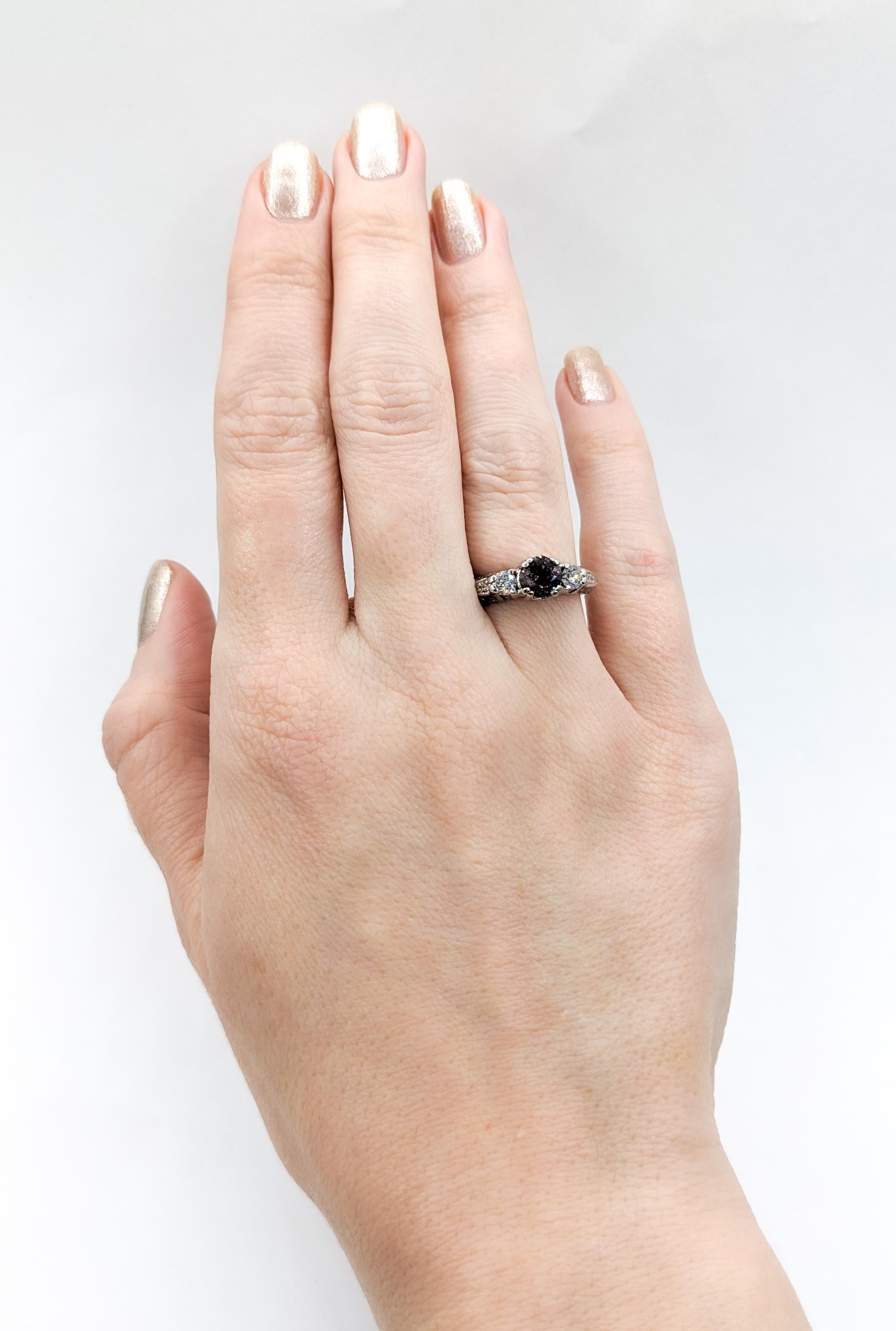 Round Cut Color Change Garnet & Diamond Filigree Ring For Sale