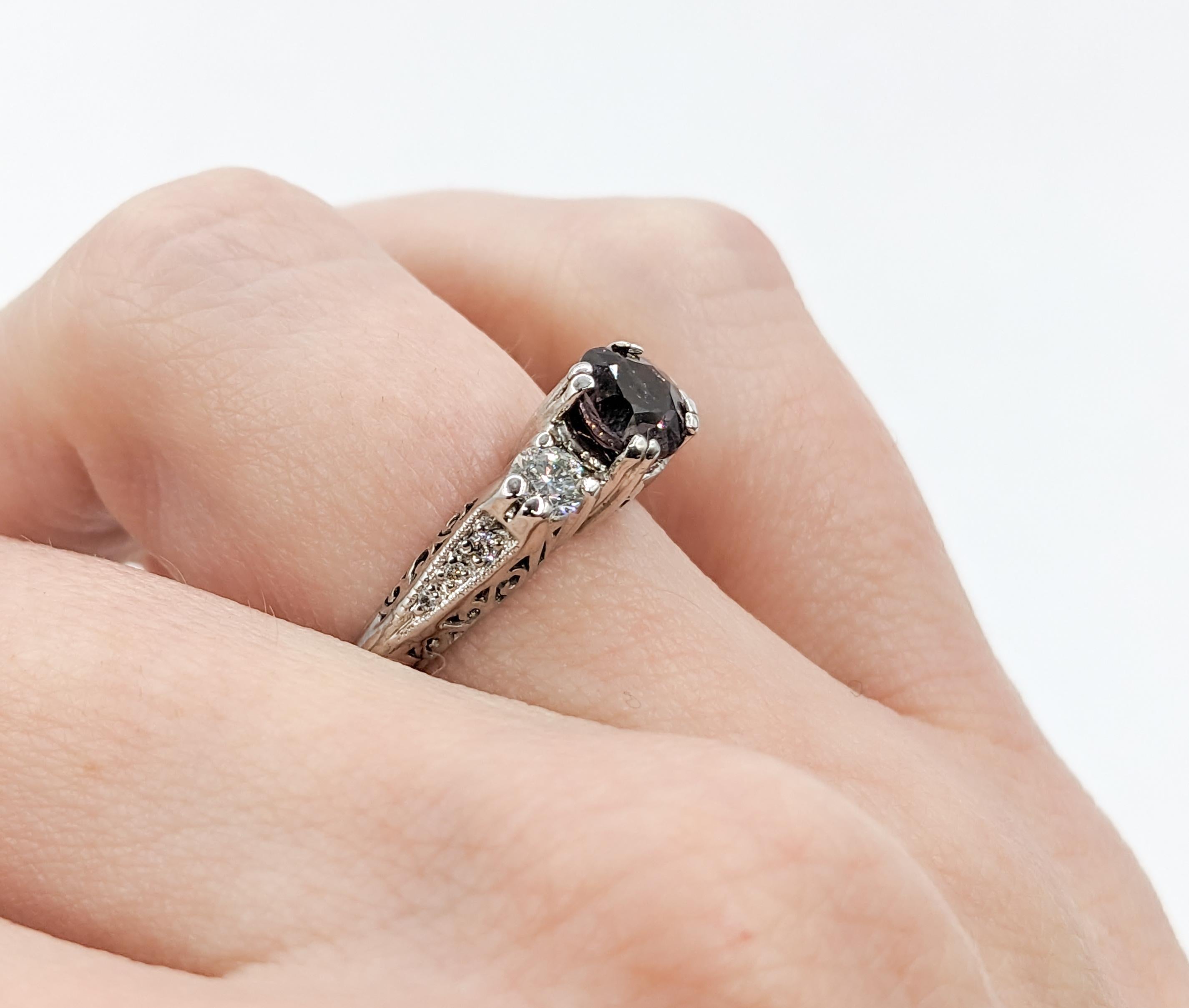 Contemporary Color Change Garnet & Diamond Filigree Ring in White Gold For Sale