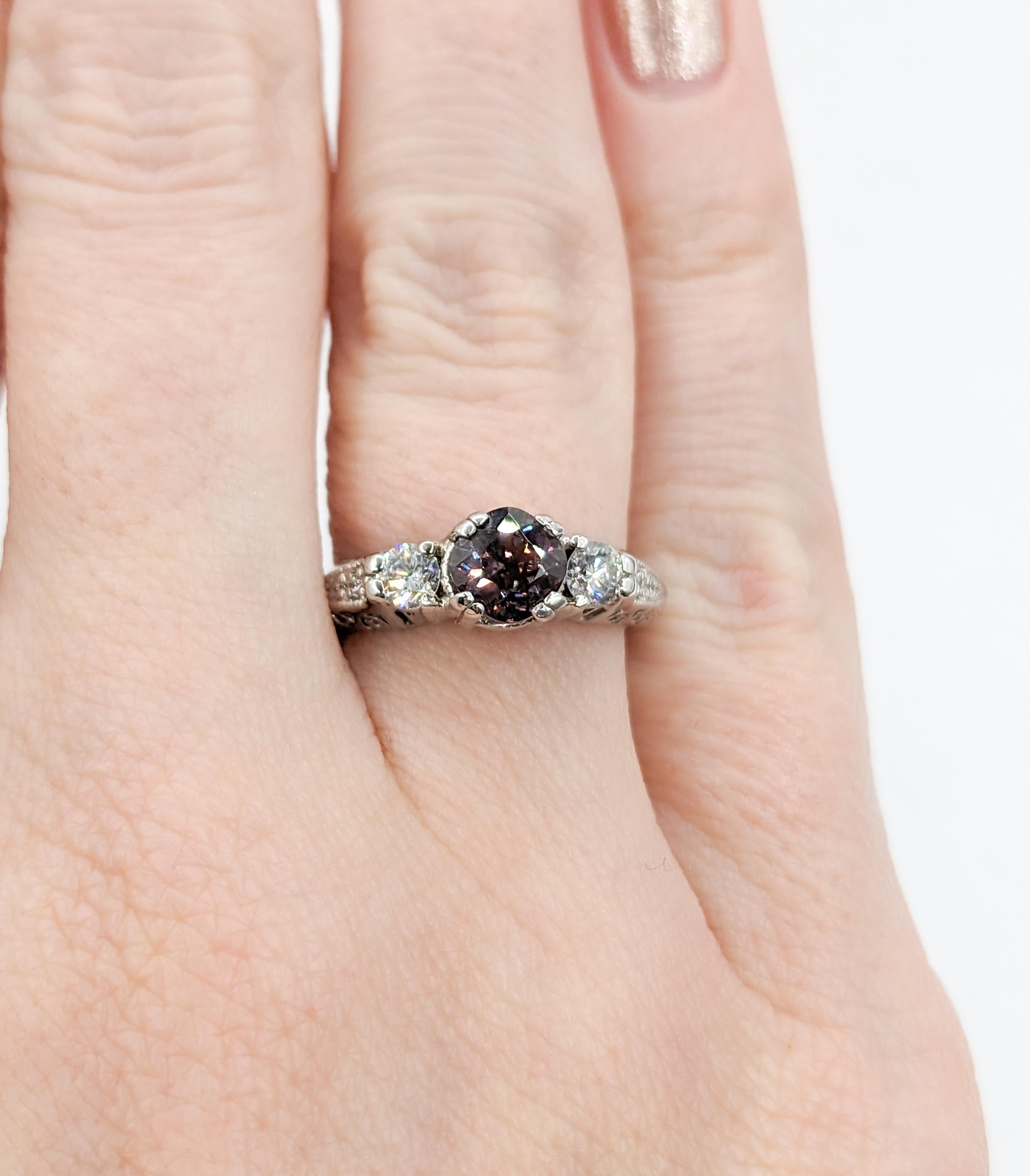 Round Cut Color Change Garnet & Diamond Filigree Ring in White Gold For Sale