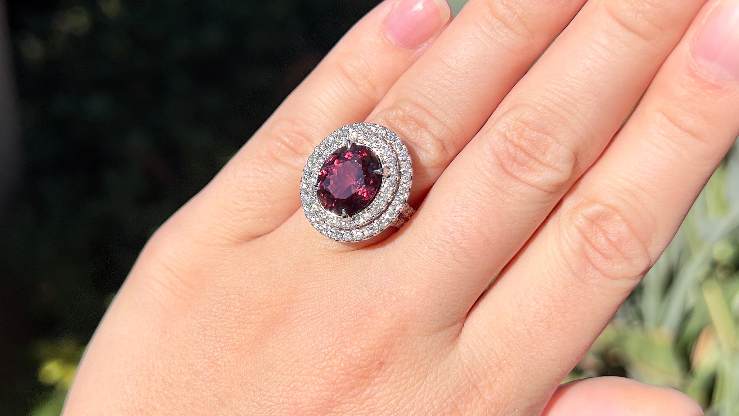 Contemporary Color Change Garnet Ring with Double Diamond Halo 18k Gold