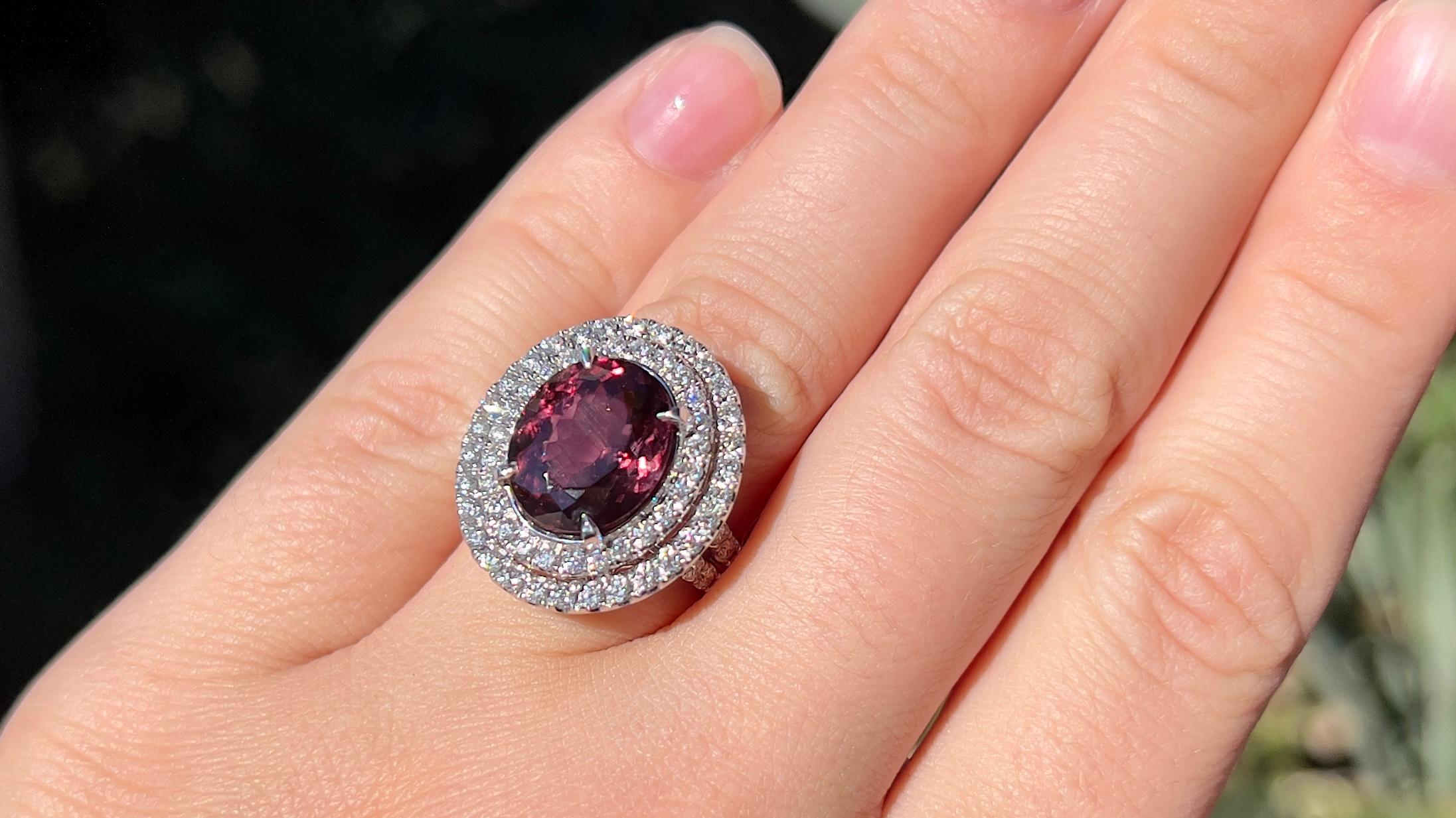 Oval Cut Color Change Garnet Ring with Double Diamond Halo 18k Gold