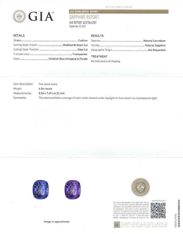 New platinum 950 ring set with a cushion-cut violet-blue changing to purple Ceylon sapphire, 8.96 x 7.69 x 6.22 mm with a carat weight of 4.06 ct. Type II, medium, moderately strong, violetish blue to purple color GIA vB 5/4 to P 5/4. Set with 2