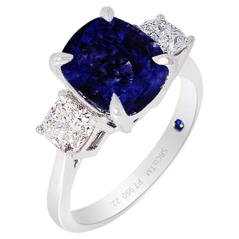 Color Change Sapphire Ring, 4.06ct Unheated 3 Stone Platinum Ring GIA Cerftified For Sale