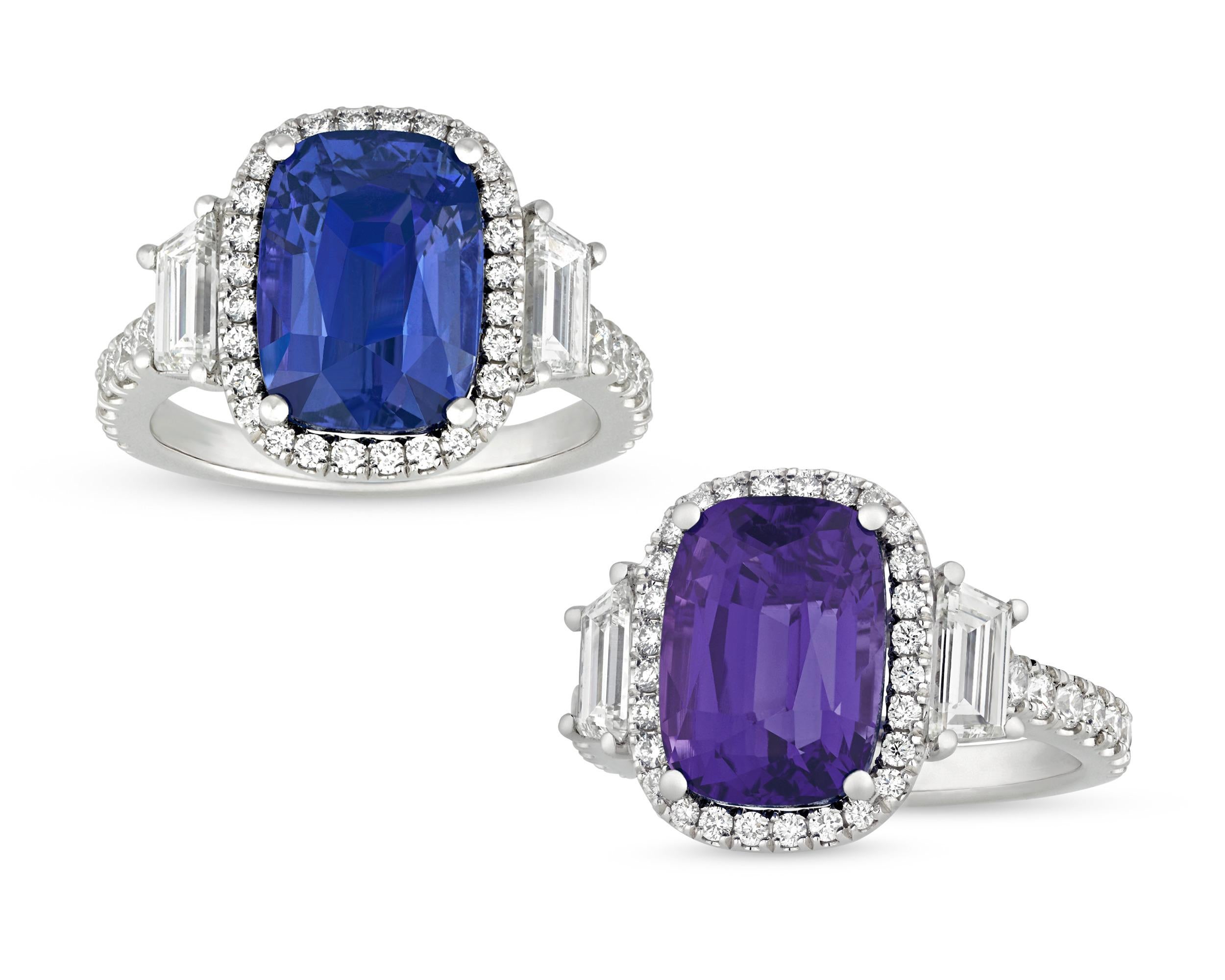 The color-changing sapphire in this eye-catching ring boasts not one, but two incredible hues. The extraordinary stone displays a traditional blue color when viewed in fluorescent light and an equally stunning purple hue when viewed in incandescent