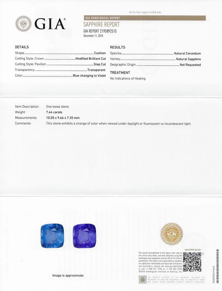 Bague en saphir naturel de Ceylan non traité, en platine 950 customisée, contenant un saphir naturel de couleur changeante bleu à bleu violet de taille coussin brillant modifié mesurant 10.05 x 9.66 x 7.35 mm et pesant 7.64 carats. Type II. Bleu