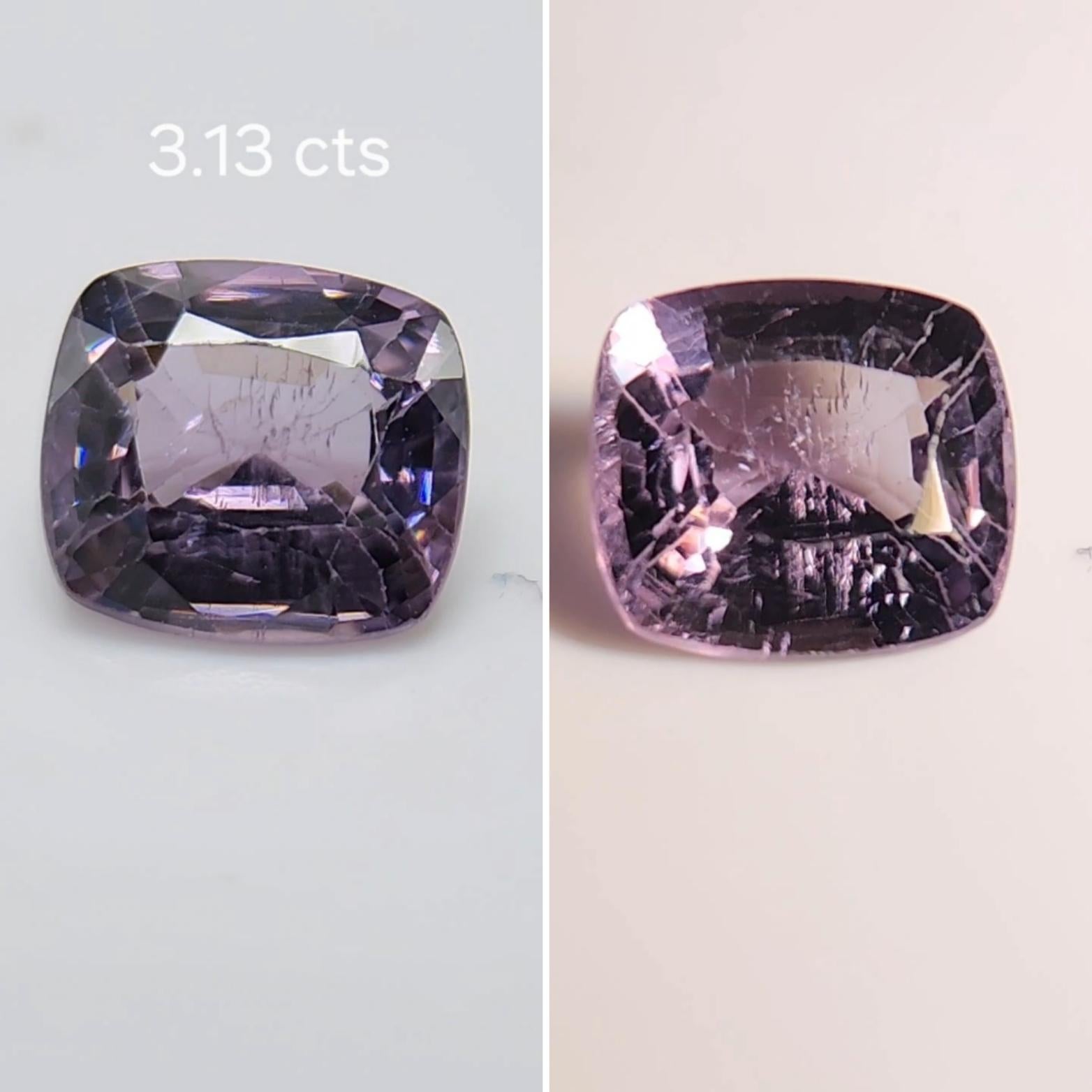 Questo grazioso spinello rosa violaceo  Taglio a cuscino, peso 3.13  La sua forma si presta a una varietà di possibilità, ma sarebbe un bellissimo anello a tre pietre! Misura 9.1 x 8.30 x 5.0  millimetri, è pulito, brillante e ben sfaccettato, con