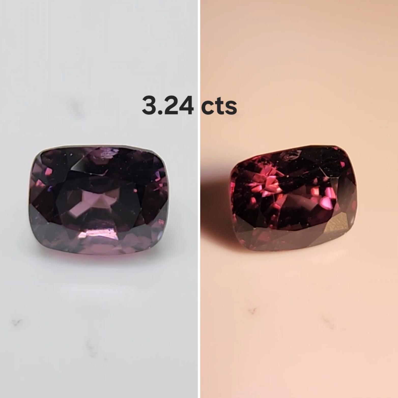 This pretty Purplish Pink spinel  Cushion cut , weighs 3.24  carats and would make a beautiful 3-stone ring, though its shape lends itself to a variety of possibilities! It measures  8.60 x 7.0 x 6.30 millimeters, is eye clean, brilliant, and