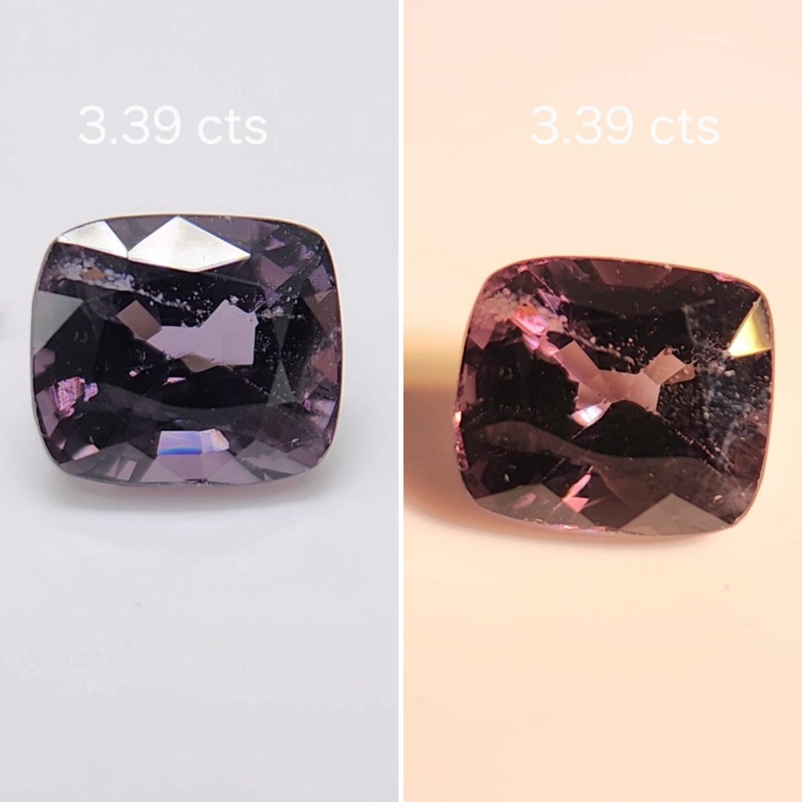 Questo grazioso spinello rosa violaceo  Taglio a cuscino, peso 3.39  La sua forma si presta a una varietà di possibilità, ma sarebbe un bellissimo anello a tre pietre! Misura 8,80 x 7,80 x 5,80  millimetri, è pulito, brillante e ben sfaccettato, con