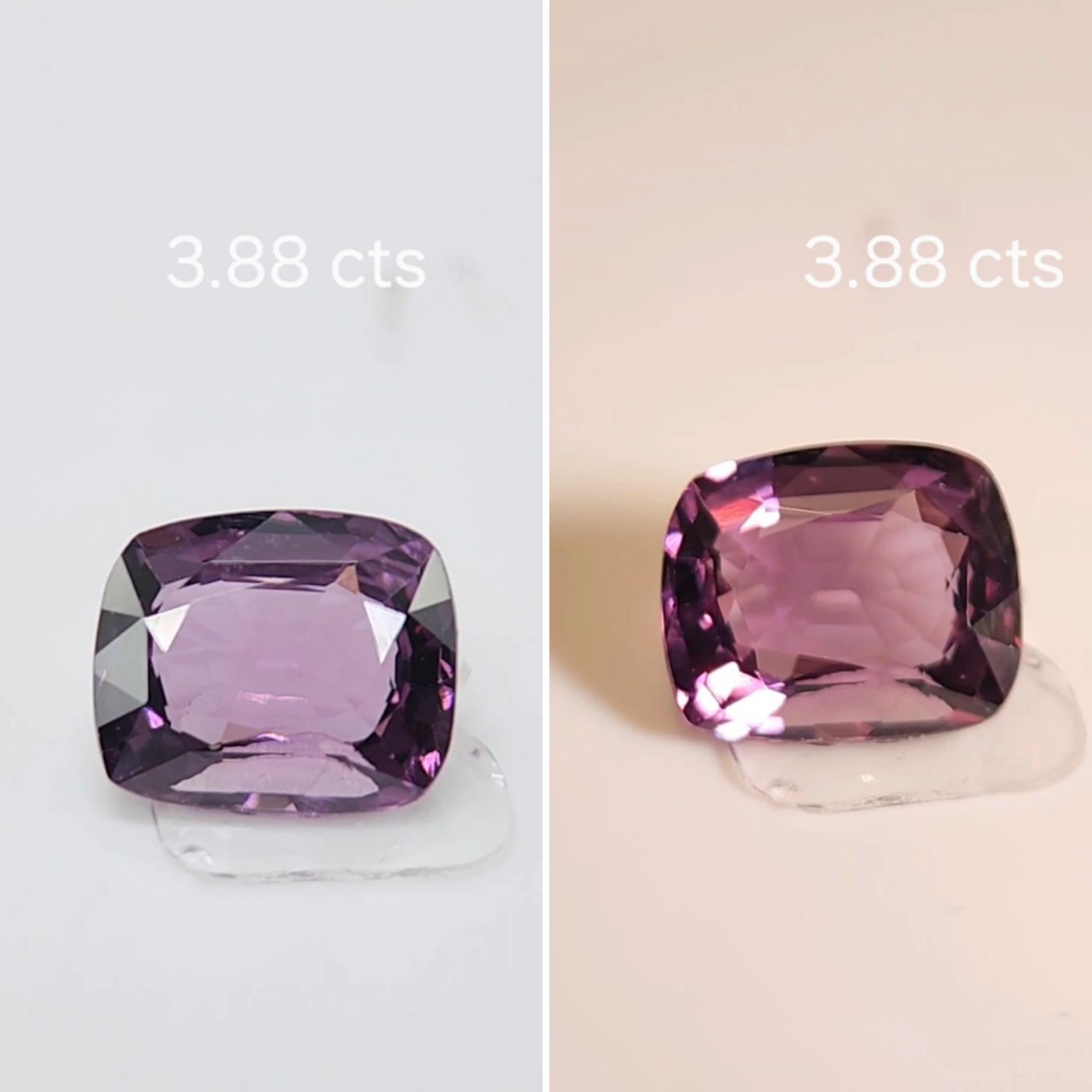 Questo grazioso spinello viola intenso con taglio a cuscino, pesa 3,88  La sua forma si presta a una varietà di possibilità, ma sarebbe un bellissimo anello a tre pietre! Misura 10,50 x 8,75 x 5,0 millimetri, è pulito, brillante e ben sfaccettato,