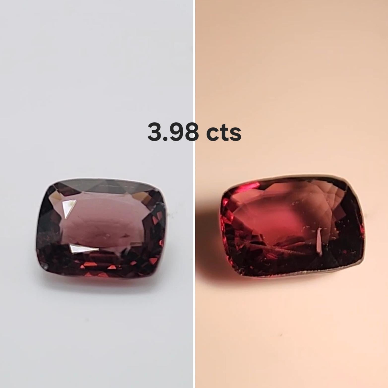 This pretty Purplish Pink spinel  Cushion cut , weighs 3.98  carats and would make a beautiful 3-stone ring, though its shape lends itself to a variety of possibilities! It measures 10.50 x 9.0 x 4.40   millimeters, is eye clean, brilliant, and