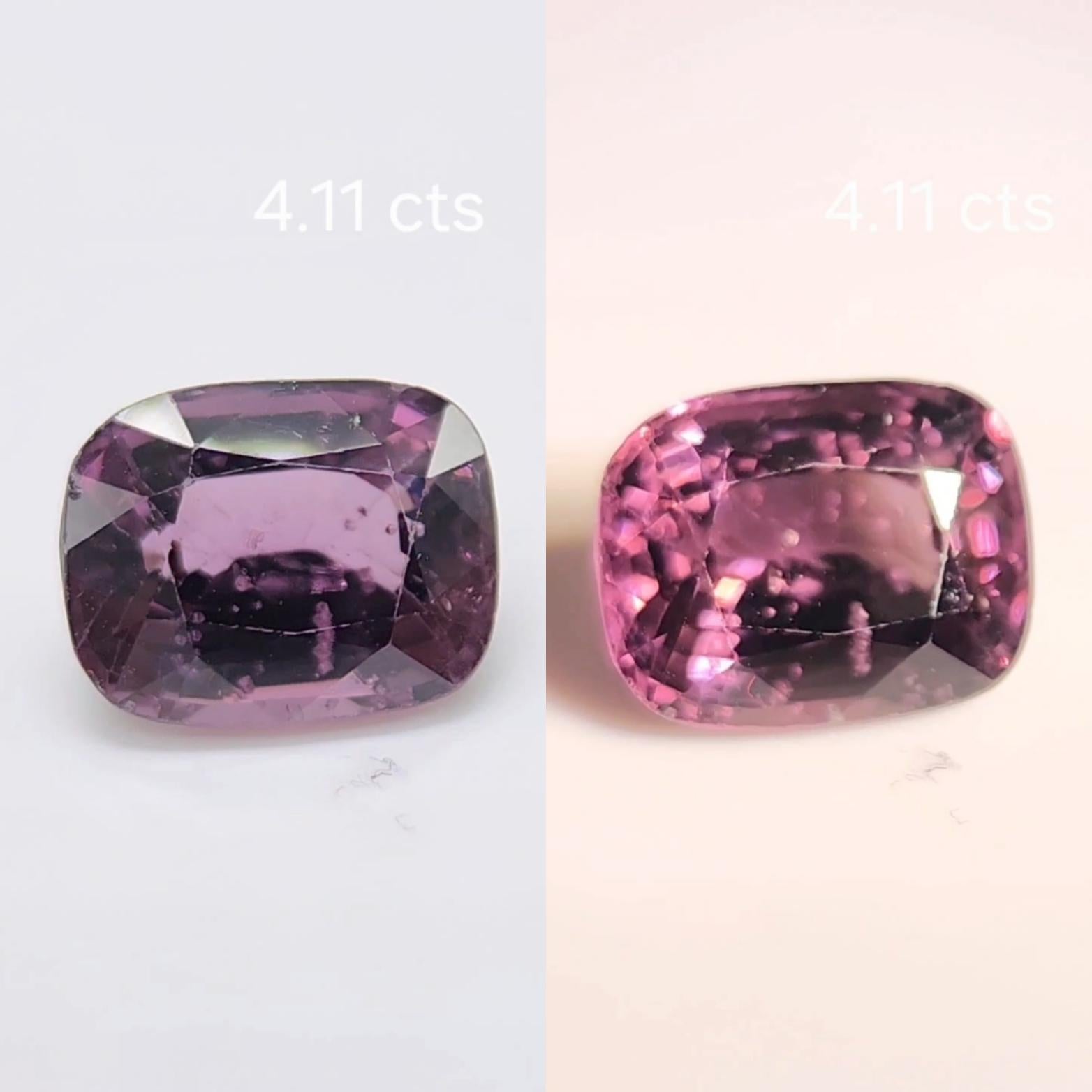 Questo grazioso spinello rosa violaceo  Taglio a cuscino, peso 4.11  La sua forma si presta a una varietà di possibilità, ma sarebbe un bellissimo anello a tre pietre! Misura  10,0 x 8,0 x 5,8 millimetri, è pulito, brillante e ben sfaccettato, con