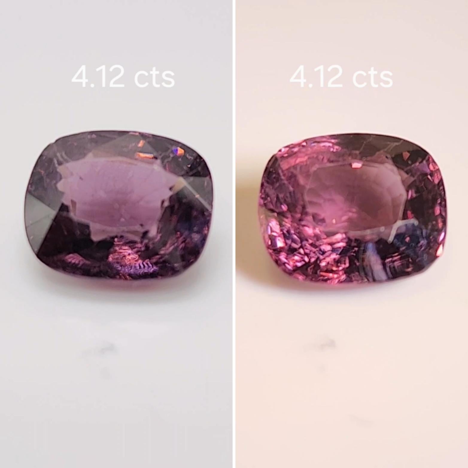 Questo grazioso spinello rosa violaceo  Taglio a cuscino, peso 4.12  La sua forma si presta a una varietà di possibilità, ma sarebbe un bellissimo anello a tre pietre! Misura  10,2 x 9,0 x 5,3 millimetri, è pulito, brillante e ben sfaccettato, con