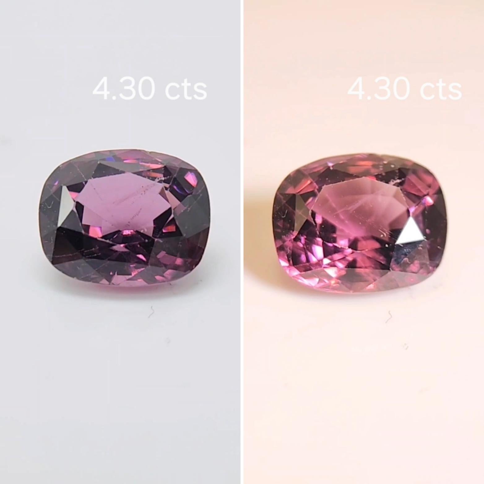 Questo grazioso spinello rosa violaceo  Taglio a cuscino, peso 4.30  La sua forma si presta a una varietà di possibilità, ma sarebbe un bellissimo anello a tre pietre! Misura  10,5 x 8,7 x 6,0 millimetri, è pulito, brillante e ben sfaccettato, con