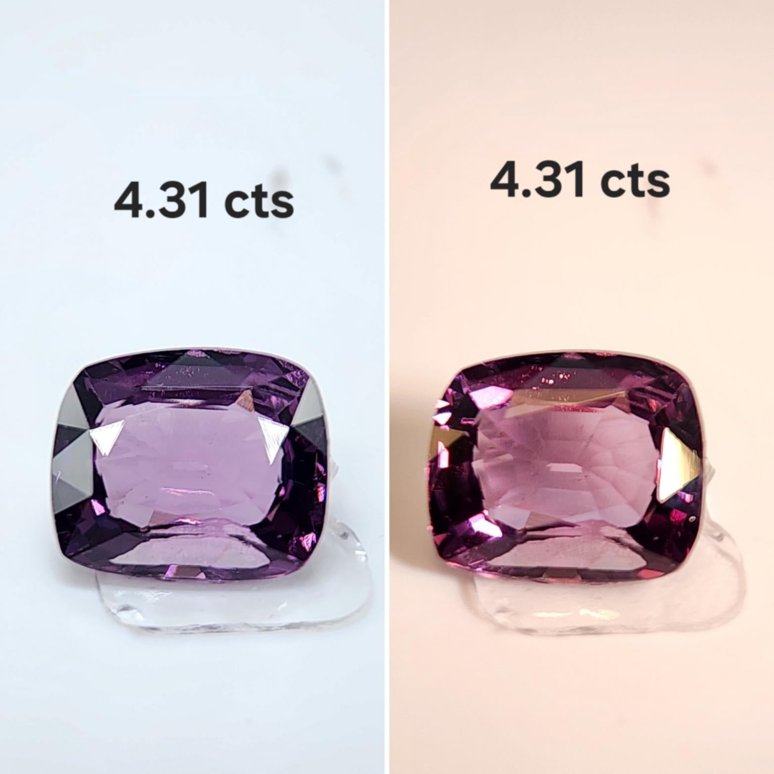 Questo grazioso spinello rosa violaceo  Taglio a cuscino, peso 4.31  La sua forma si presta a una varietà di possibilità, ma sarebbe un bellissimo anello a tre pietre! Misura  9,50 x 9,70 x 6,0 millimetri, è pulito, brillante e ben sfaccettato, con